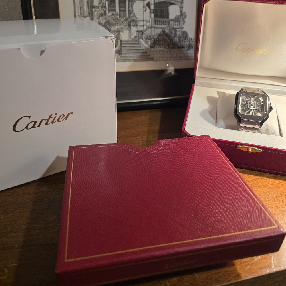 Cartier Silver and Black De Santos Watch Skeleton Dial